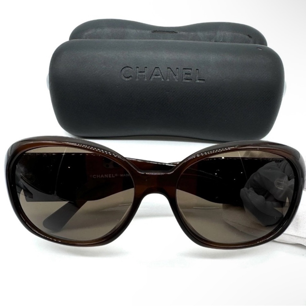 Chanel 5113 538/73 Sunglasses Transparent Brown with Black Camellia Flowers - Picture 1 of 16